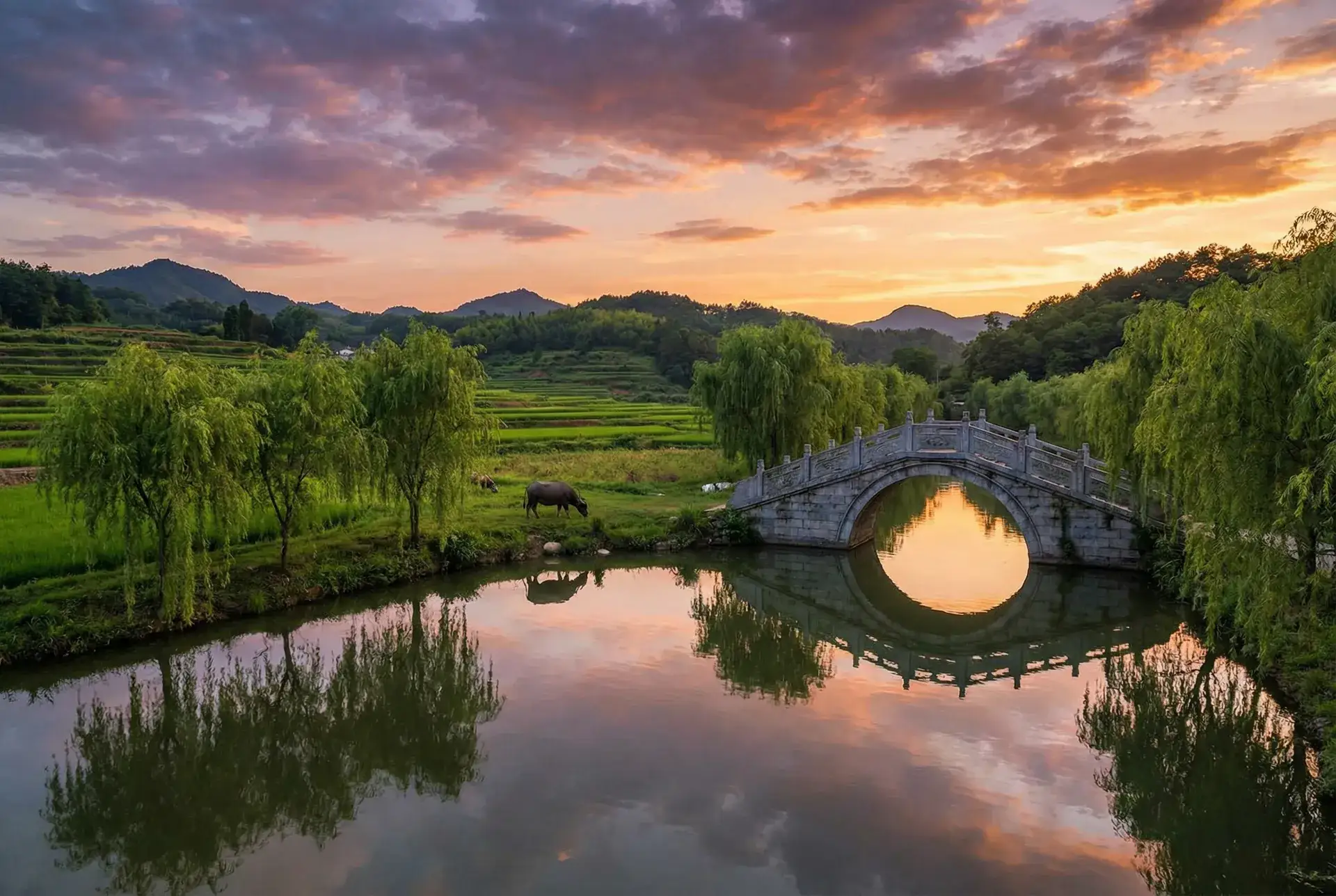 夕阳下的石拱桥与垂柳，水牛在河边吃草 - 日本阿v免视频 乡村美景